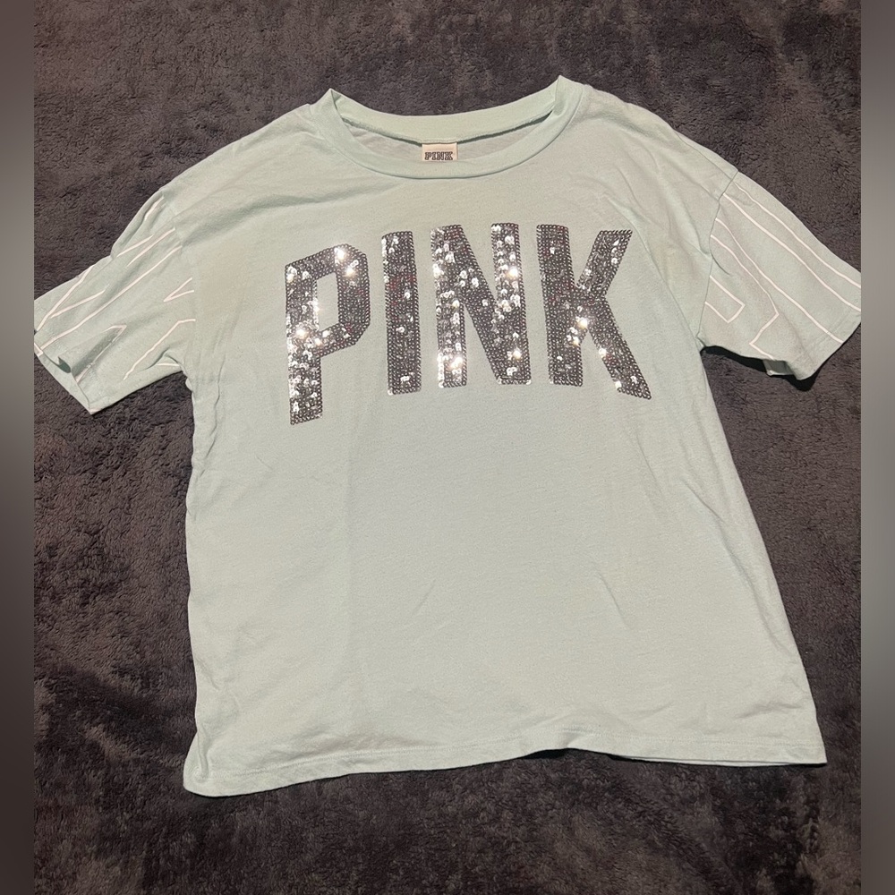 PINK by Victoria Secret crop top short sleeve light blue silver sequins size XS